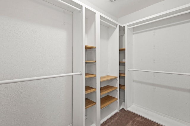 walk in closet with dark carpet