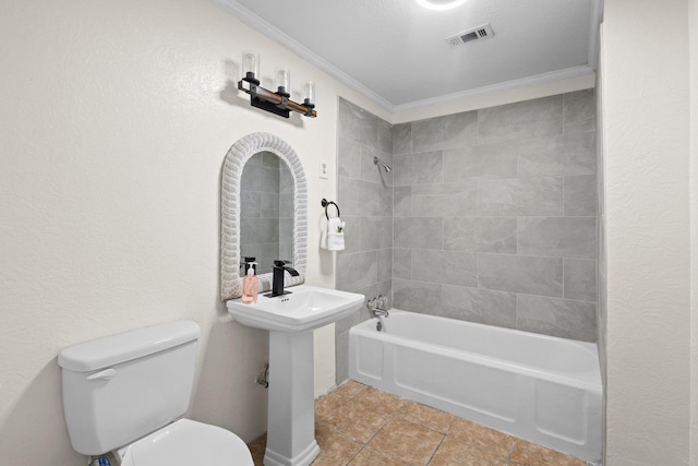 full bath featuring tile patterned floors, toilet, visible vents, shower / tub combination, and ornamental molding