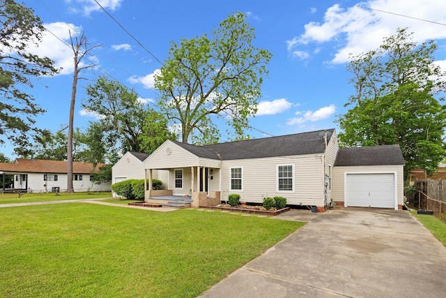 single story home with concrete driveway, an attached garage, fence, and a front lawn