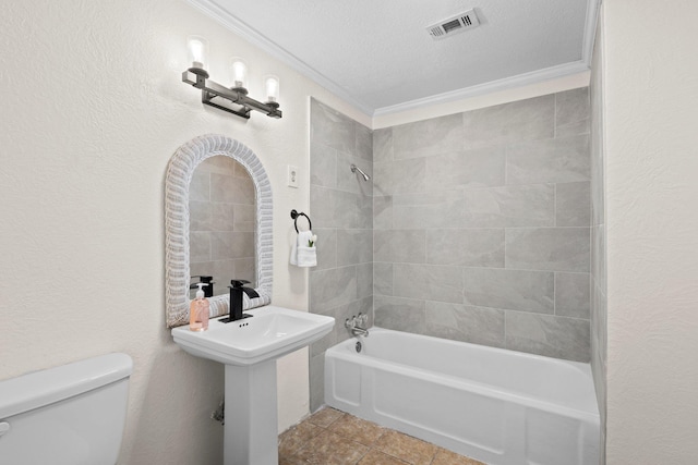 full bathroom featuring a sink,  shower combination, toilet, visible vents, and crown molding
