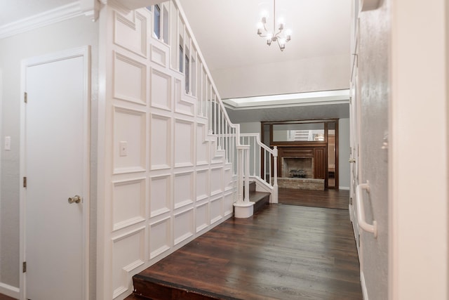 entrance foyer featuring crown molding, dark hardwood / wood-style floors, and an inviting chandelier