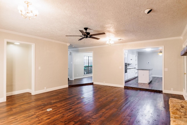 unfurnished living room with ornamental molding, ceiling fan with notable chandelier, a textured ceiling, and dark hardwood / wood-style flooring