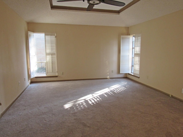 spare room with ceiling fan, a tray ceiling, carpet, and baseboards