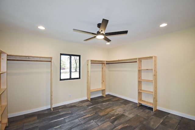 unfurnished bedroom featuring recessed lighting, a ceiling fan, and baseboards