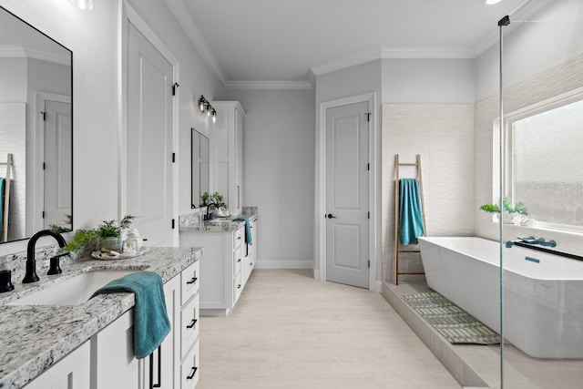 full bathroom featuring two vanities, wood finished floors, a freestanding bath, crown molding, and a sink