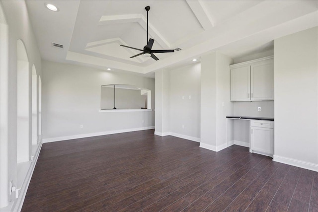 3730 Loblolly Trl, Beaumont, TX 77713 - unfurnished living room with a ceiling fan, dark wood finished floors, baseboards, recessed lighting, and beamed ceiling