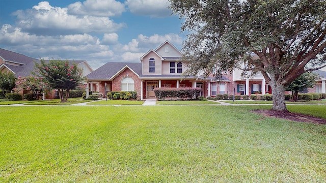 view of front of home featuring brick siding and a front lawn