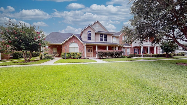 traditional home featuring brick siding and a front yard