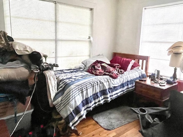 bedroom featuring wood-type flooring and multiple windows