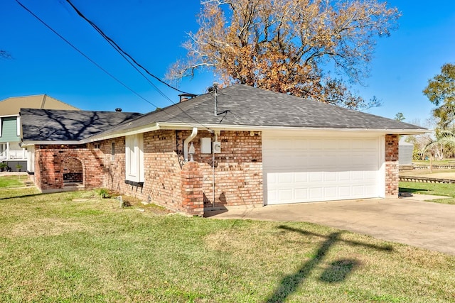 845 Flicker St, Bridge City, TX 77611 - view of home's exterior with an attached garage, concrete driveway, a yard, brick siding, and roof with shingles
