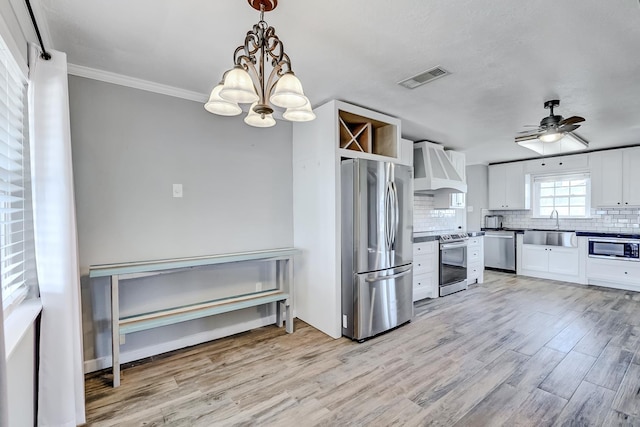 kitchen with sink, appliances with stainless steel finishes, white cabinets, ceiling fan with notable chandelier, and custom exhaust hood