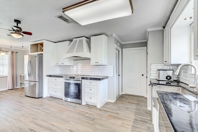845 Flicker St, Bridge City, TX 77611 - kitchen featuring stainless steel appliances, custom exhaust hood, dark countertops, ceiling fan, and ornamental molding