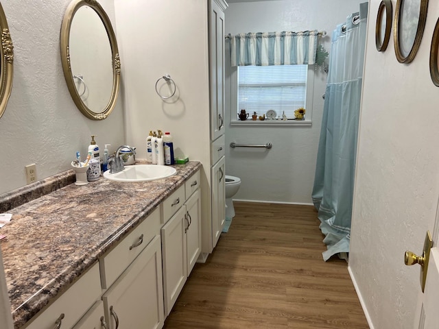 bathroom with hardwood / wood-style floors, vanity, and toilet