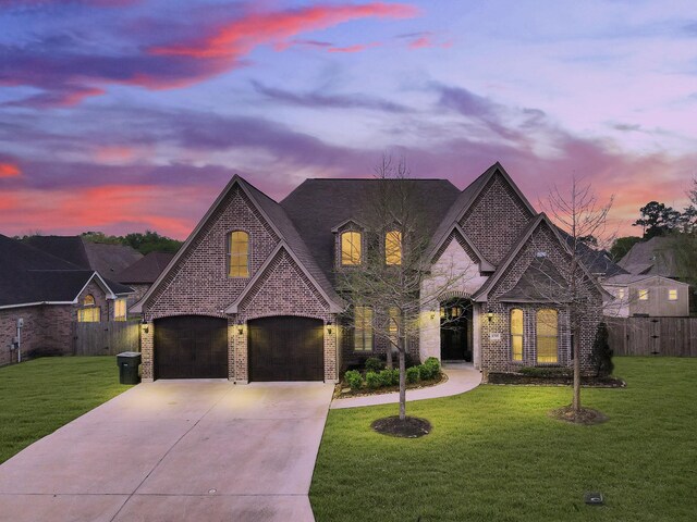 8395 Carrie Ln, Beaumont, TX 77713 - french country home with an attached garage, brick siding, concrete driveway, and stone siding