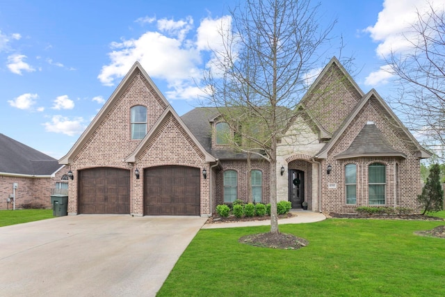 8395 Carrie Ln, Beaumont, TX 77713 - french country home with concrete driveway, brick siding, a front yard, and a shingled roof