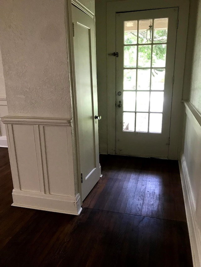 doorway to outside with dark wood-type flooring and a healthy amount of sunlight