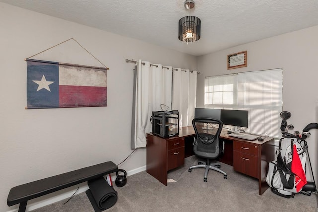 carpeted office featuring a textured ceiling