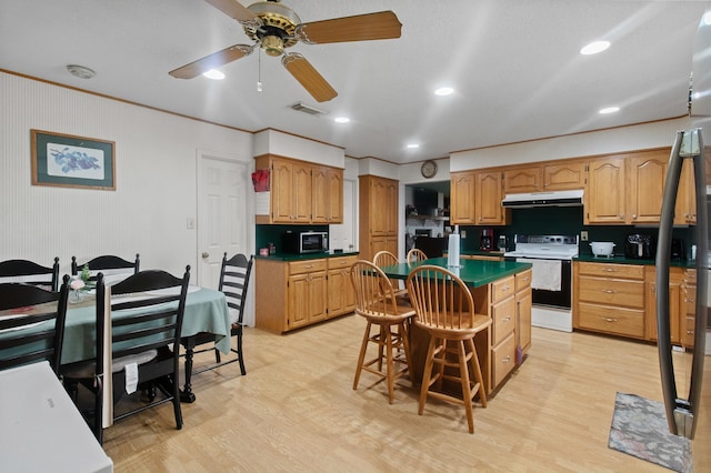 304 Whipoorwill Dr, Silsbee, TX 77656 - kitchen featuring white range with electric stovetop, black microwave, a kitchen island, light wood-type flooring, and under cabinet range hood