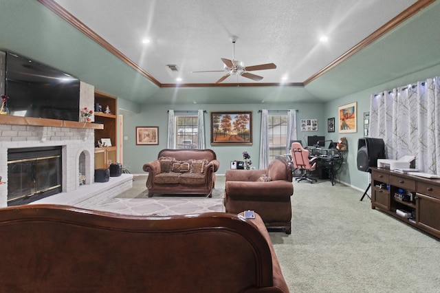 304 Whipoorwill Dr, Silsbee, TX 77656 - carpeted living room featuring ceiling fan, an office area, a brick fireplace, baseboards, and ornamental molding