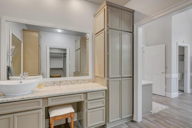 bathroom with hardwood / wood-style floors and vanity