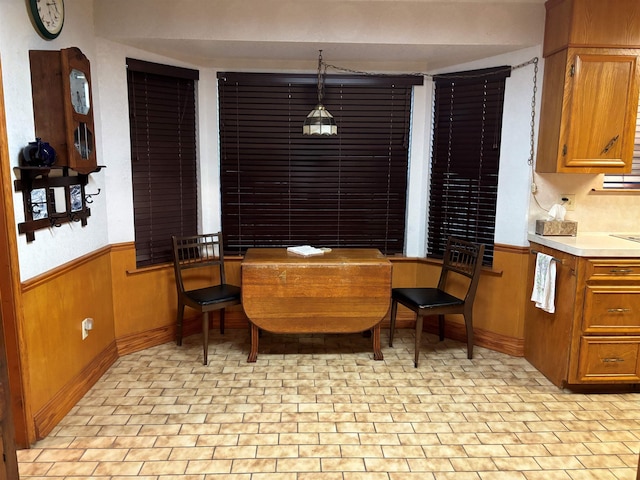 living area featuring wood walls