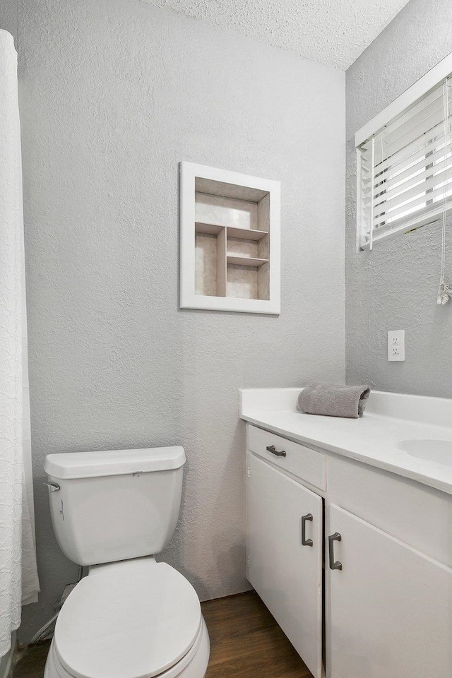 bathroom featuring hardwood / wood-style floors, vanity, and toilet