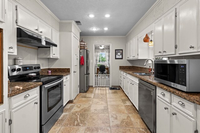kitchen with white cabinets, stainless steel appliances, under cabinet range hood, and a sink