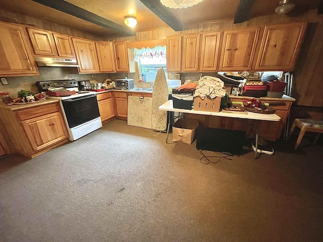 kitchen with white range with electric stovetop and beamed ceiling