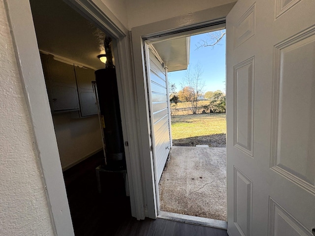 doorway with dark wood-type flooring