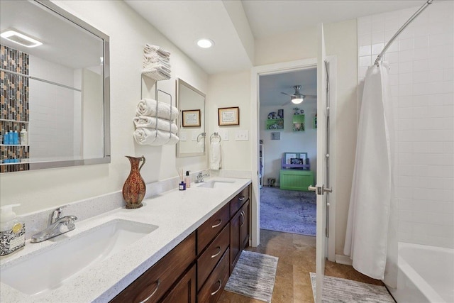 5775 Clinton St, Beaumont, TX 77706 - bathroom featuring double vanity, shower / bathtub combination with curtain, a ceiling fan, and recessed lighting