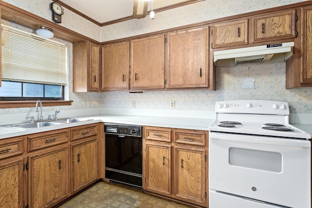 kitchen featuring black dishwasher, electric stove, wallpapered walls, under cabinet range hood, and a sink