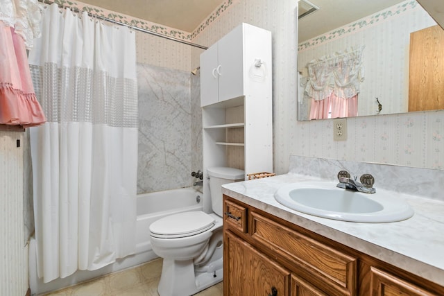 bathroom with wallpapered walls, shower / tub combo with curtain, toilet, and vanity