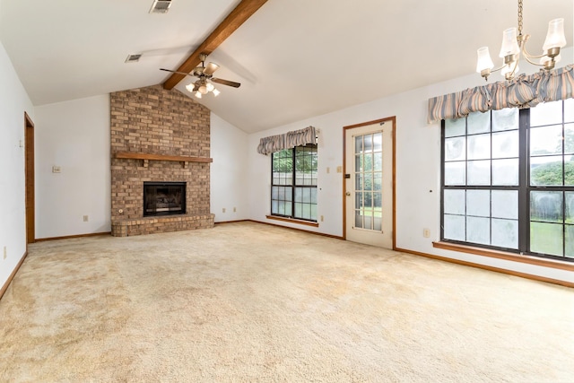 unfurnished living room with a ceiling fan, a chandelier, baseboards, and carpet flooring