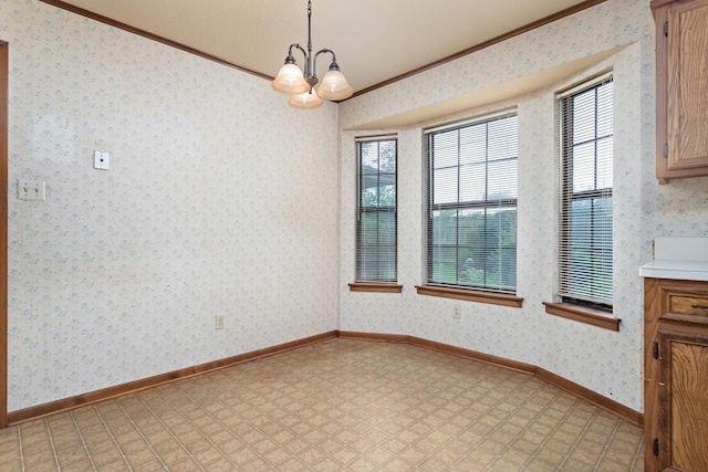 unfurnished dining area with crown molding, a chandelier, light flooring, and wallpapered walls