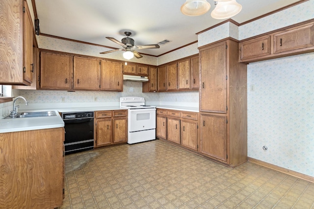 kitchen with white electric stove, dishwasher, wallpapered walls, a sink, and brown cabinets