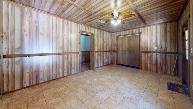 unfurnished room with ceiling fan, wooden walls, and wood ceiling