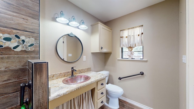 bathroom with vanity, wood-type flooring, and toilet