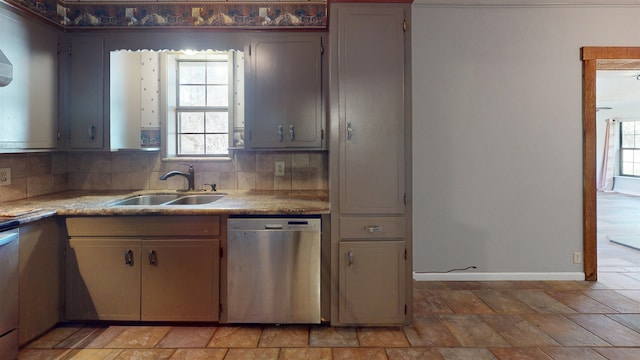 kitchen with stainless steel dishwasher, backsplash, and sink