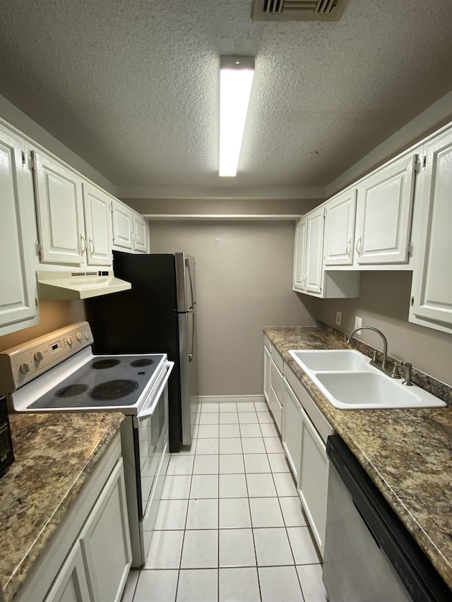 kitchen with white cabinets, white electric range, sink, light tile patterned floors, and stainless steel dishwasher