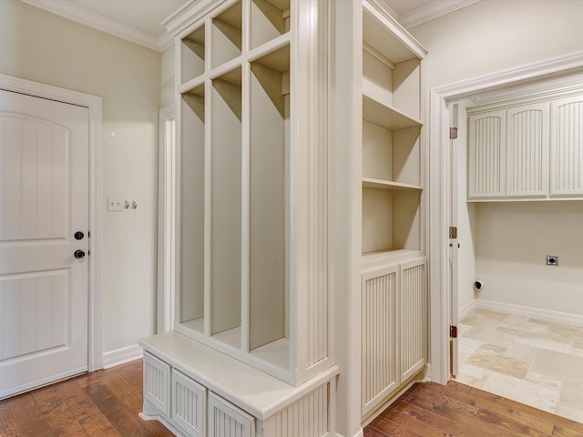 mudroom with crown molding and dark wood-type flooring