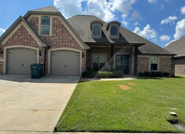 view of front of home with a front yard and a garage