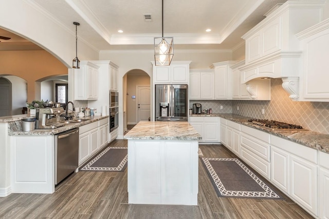 kitchen featuring decorative light fixtures, a kitchen island, a raised ceiling, and stainless steel appliances