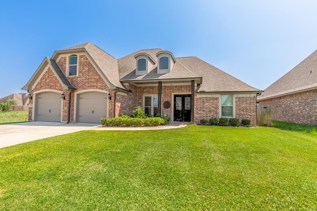 view of front of home with a garage, french doors, and a front lawn