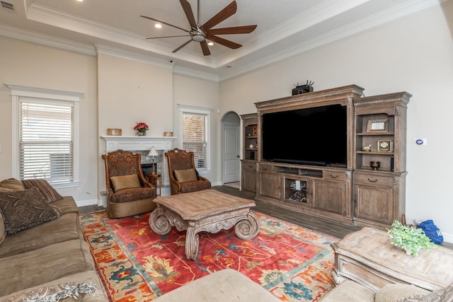 living room with a tray ceiling, ceiling fan, and ornamental molding