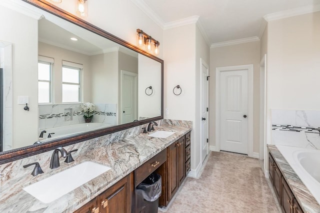 bathroom with tile patterned floors, vanity, ornamental molding, and tiled tub