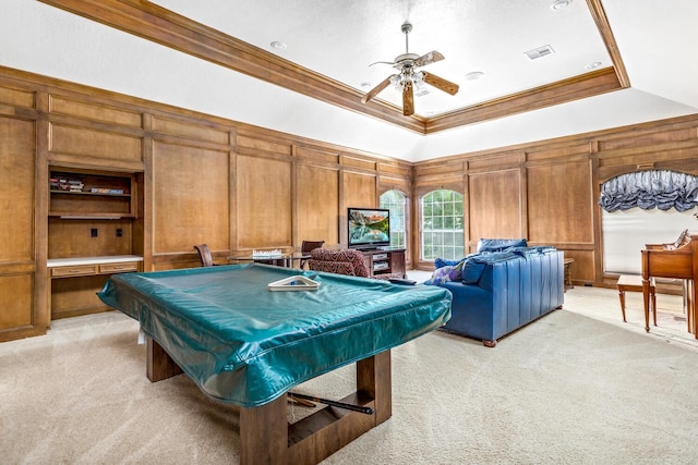 playroom featuring ceiling fan, ornamental molding, light colored carpet, and pool table