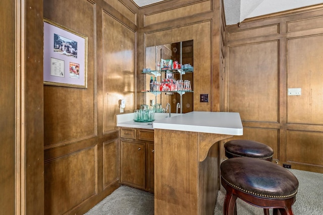 bar featuring wood walls and carpet