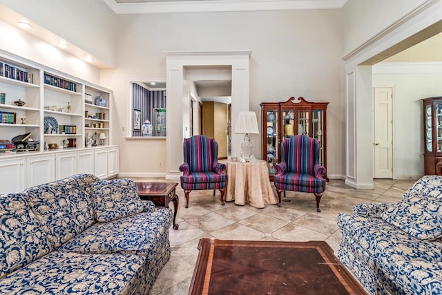 tiled living room featuring built in features and ornamental molding