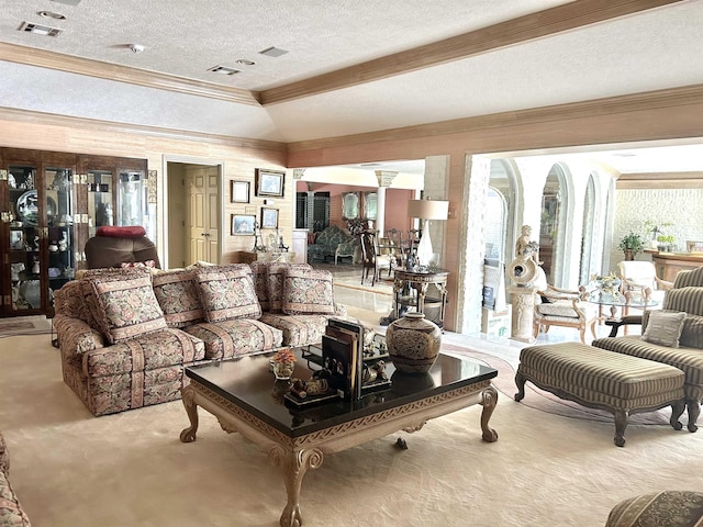 living room featuring ornate columns, ornamental molding, a textured ceiling, and vaulted ceiling