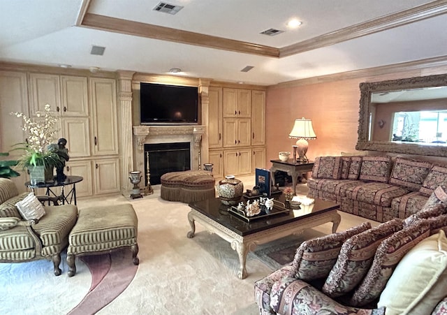 living room with a raised ceiling, crown molding, and light carpet